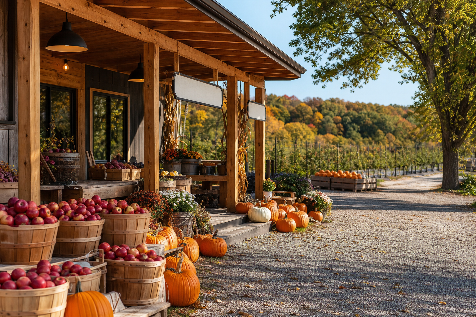 Farm market porch with apples, pumpkins, and orchard rows